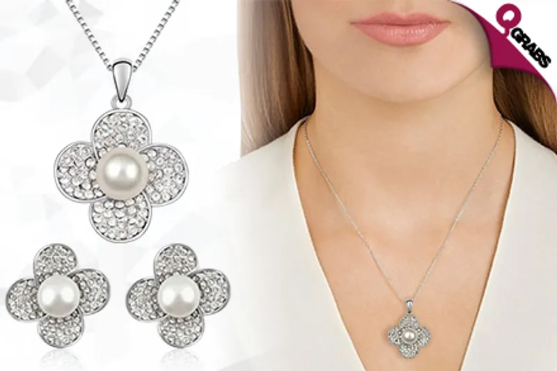 From QR49 Spread Some Love with Pearl & Crystal Studded Clover Flower Jewelry Sets! (Up to QR188 Value)